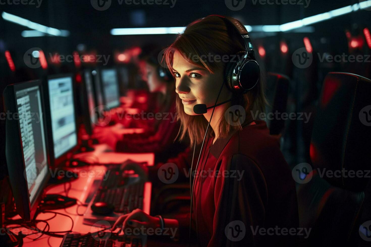 a woman wearing headphones in a call center photo