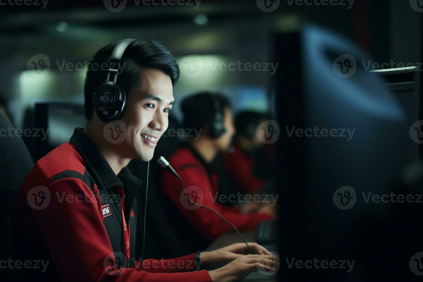 an asian people wearing a headset working in a call center photo