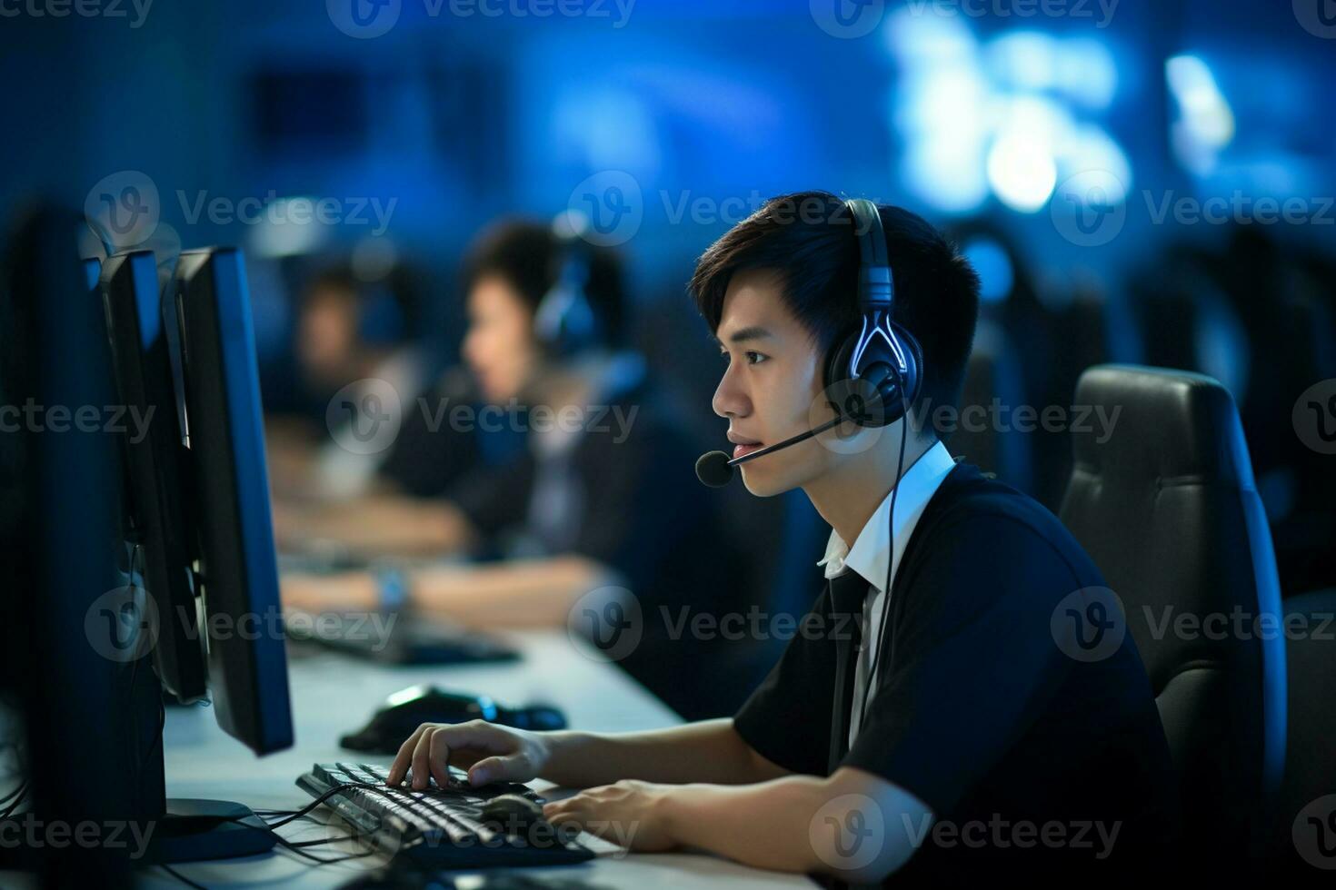 an asian people wearing a headset working in a call center photo