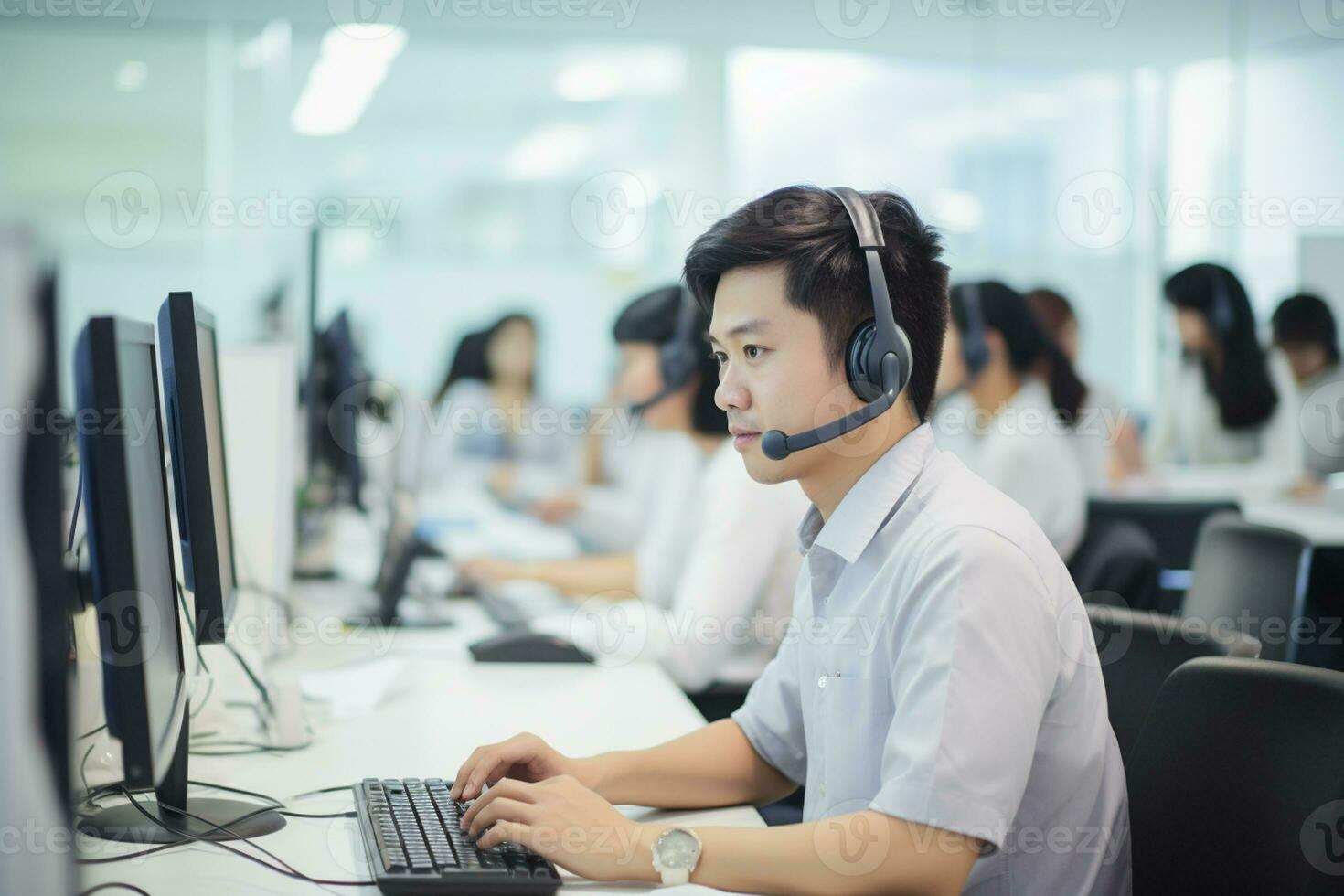 an asian people wearing a headset working in a call center photo