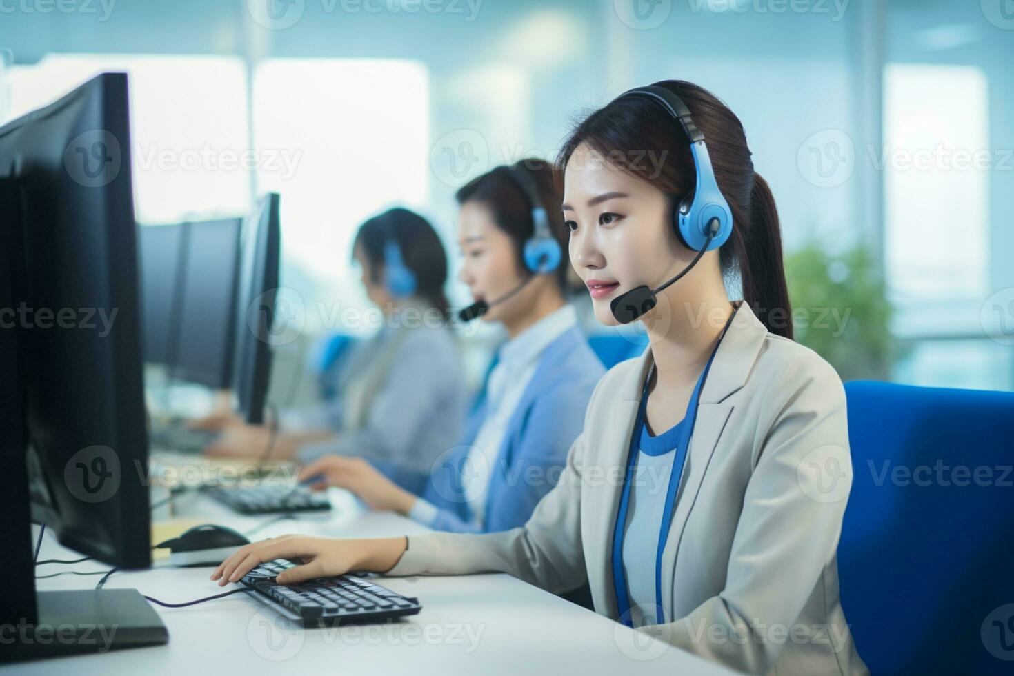 un asiático personas vistiendo un auriculares trabajando en un llamada centrar foto