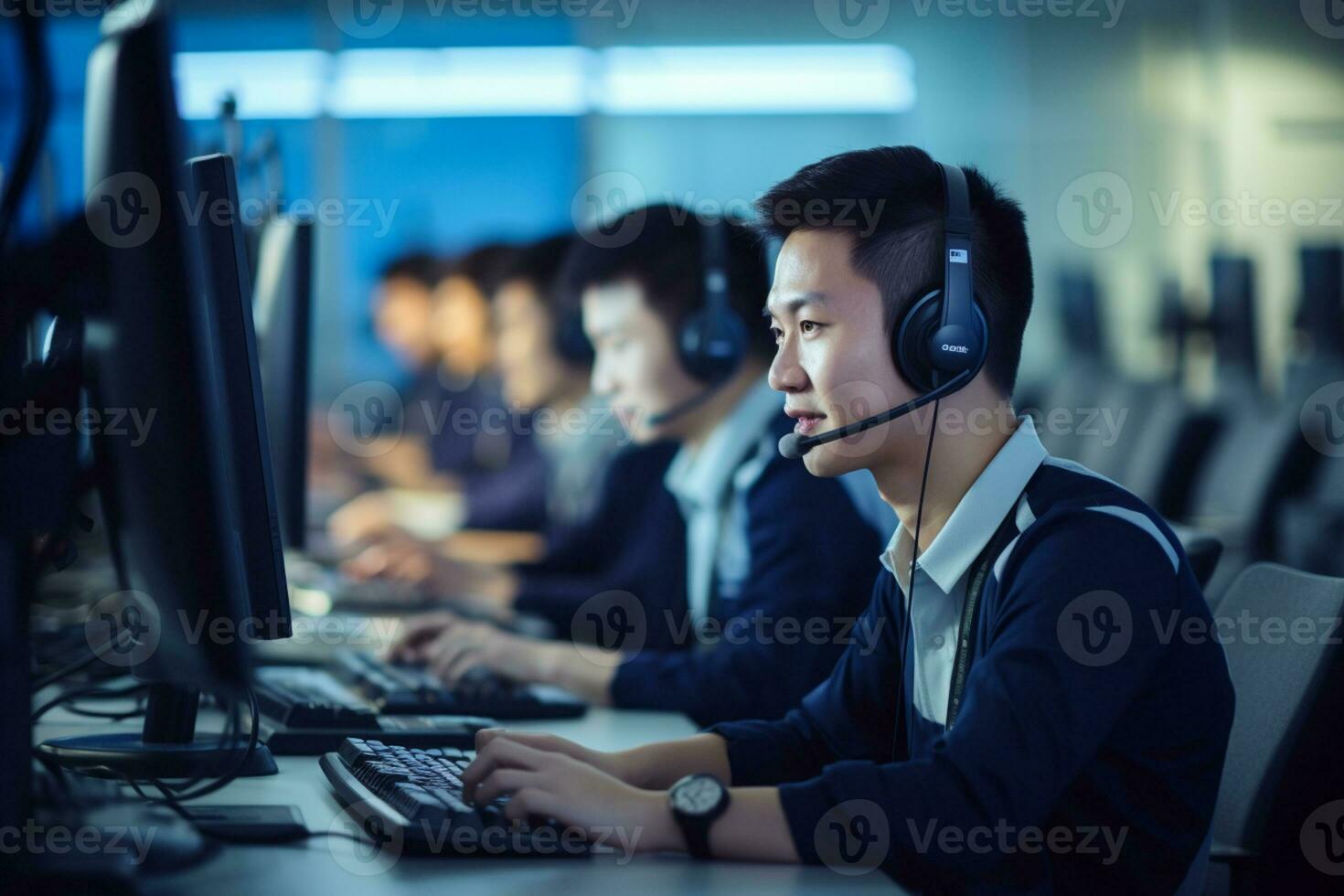 an asian people wearing a headset working in a call center photo