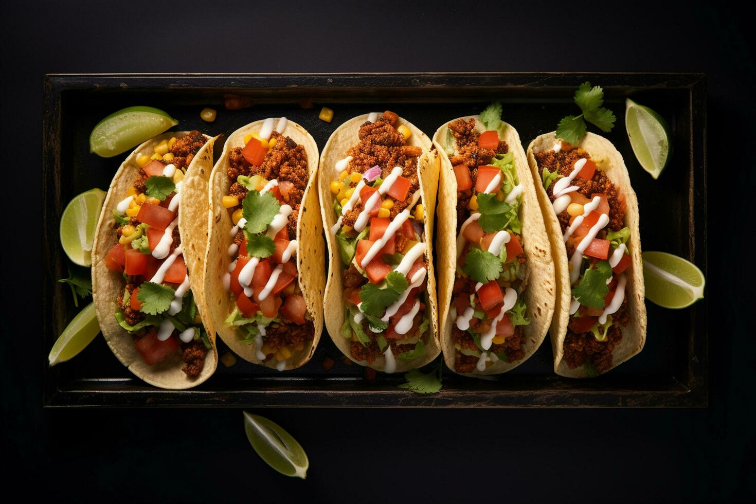 tacos with meat, cheese and vegetables on a black background photo