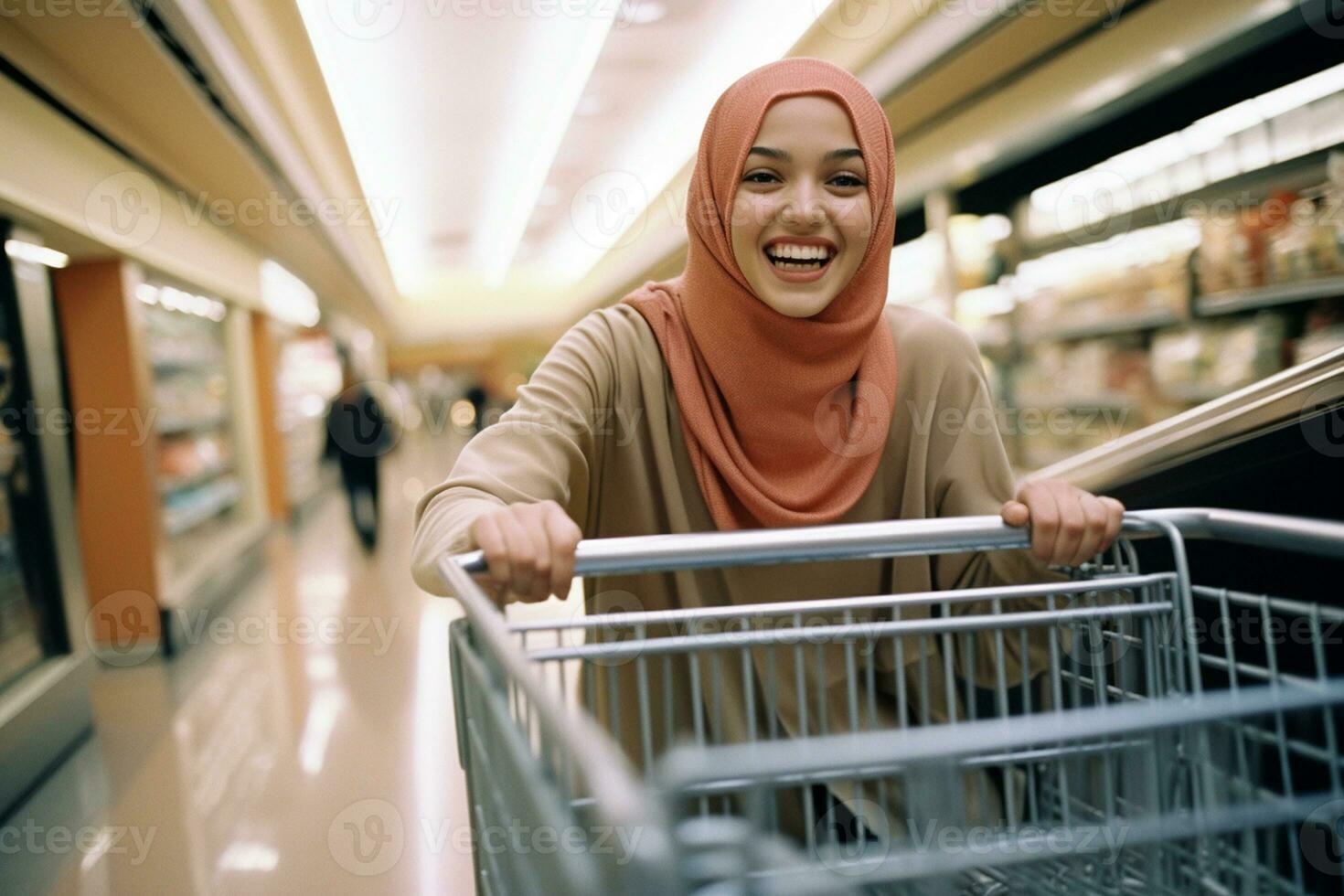 a woman wearing a hijab is shopping in a mall photo
