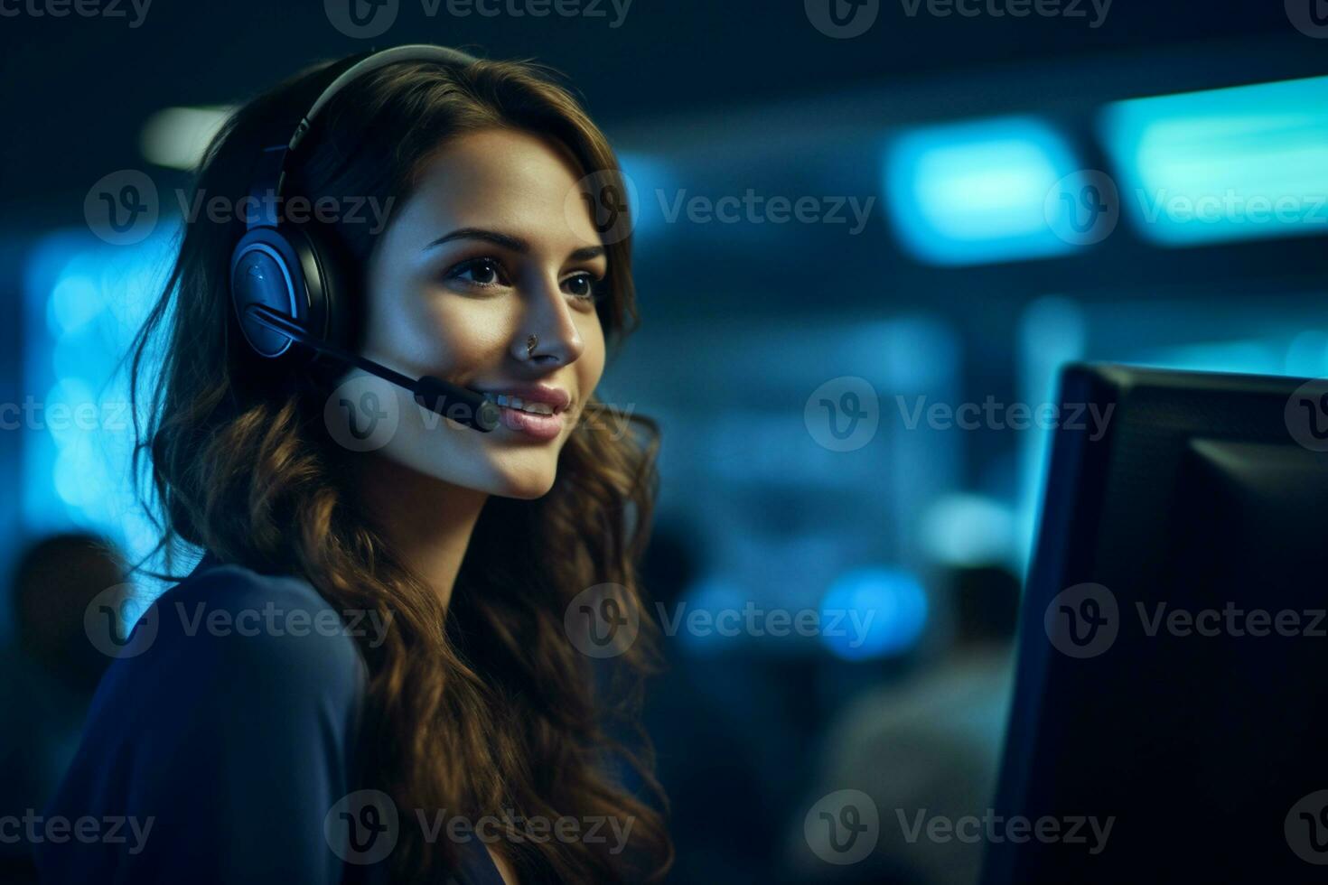 un mujer vistiendo auriculares en un llamada centrar foto