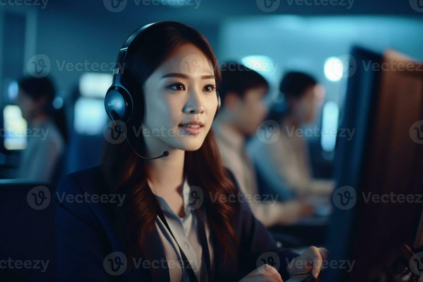 an asian people wearing a headset working in a call center photo