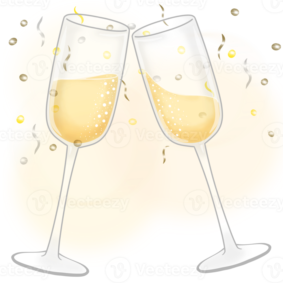 Two champagne glasses with confetti and bokeh background png