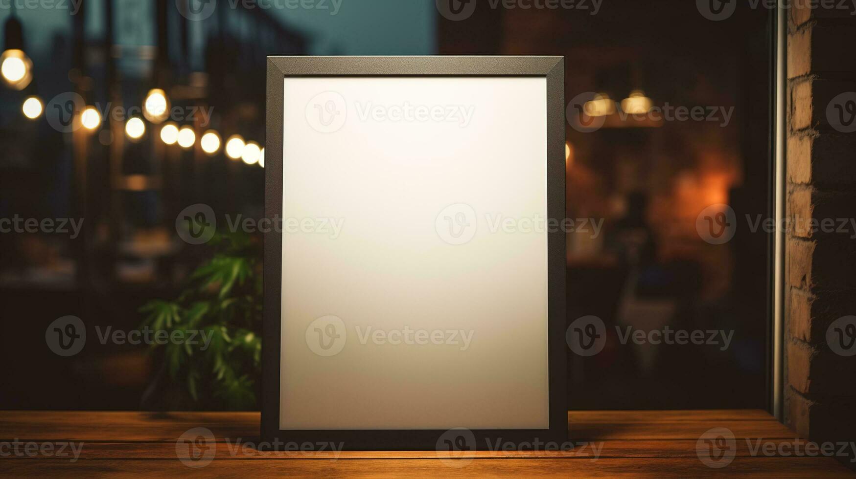 AI generated Generative AI, poster mock up for logo design, brand presentation, aesthetic muted neutral colors, on blurred night bar or restaurant background photo