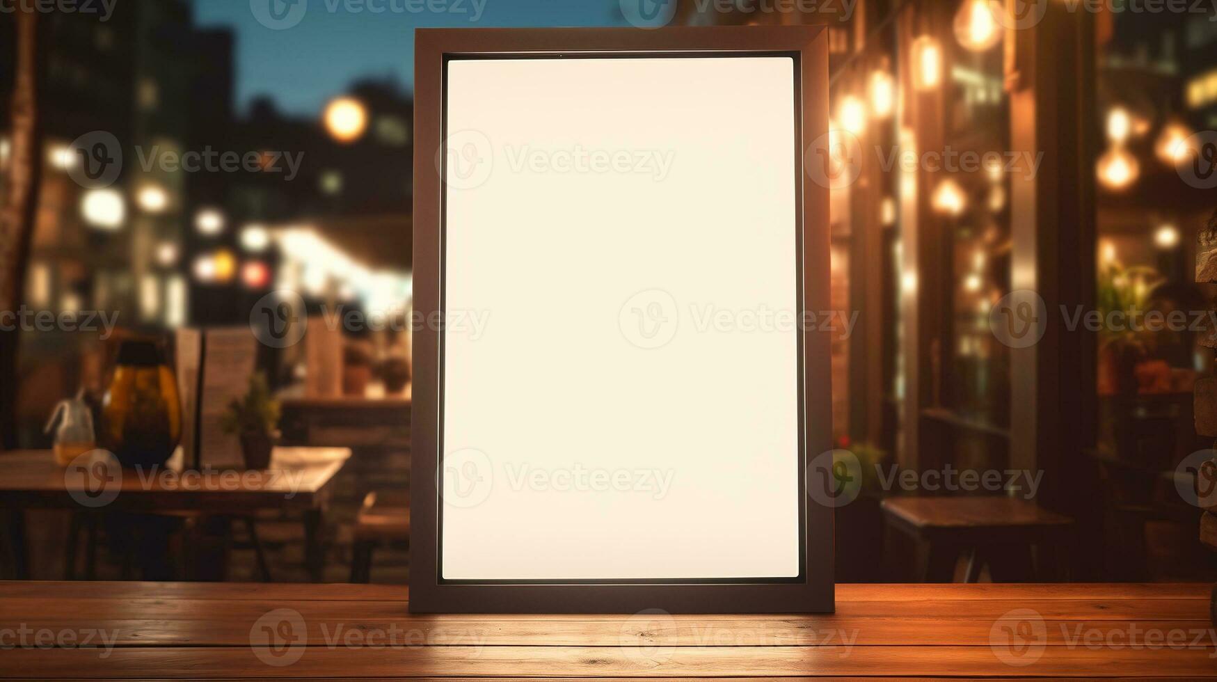 AI generated Generative AI, poster mock up for logo design, brand presentation, aesthetic muted neutral colors, on blurred night bar or restaurant background photo