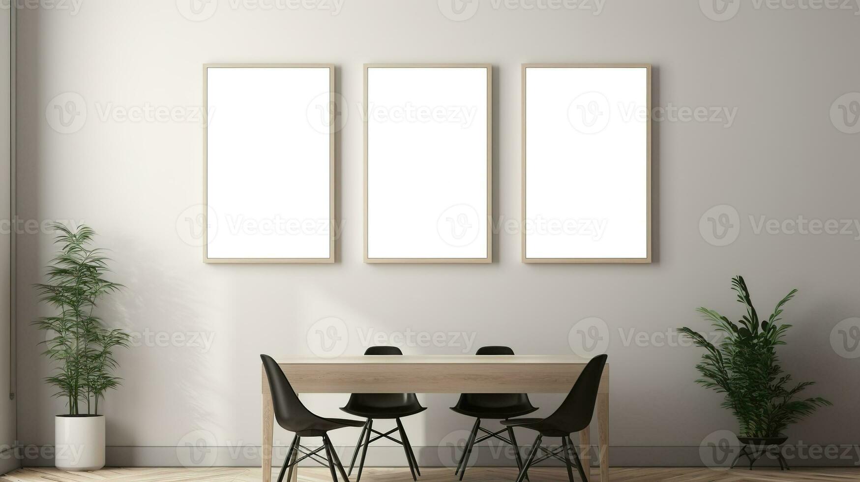 AI generated Generative AI, set of three posters mock up, blank minimalistic background, artwork template photo