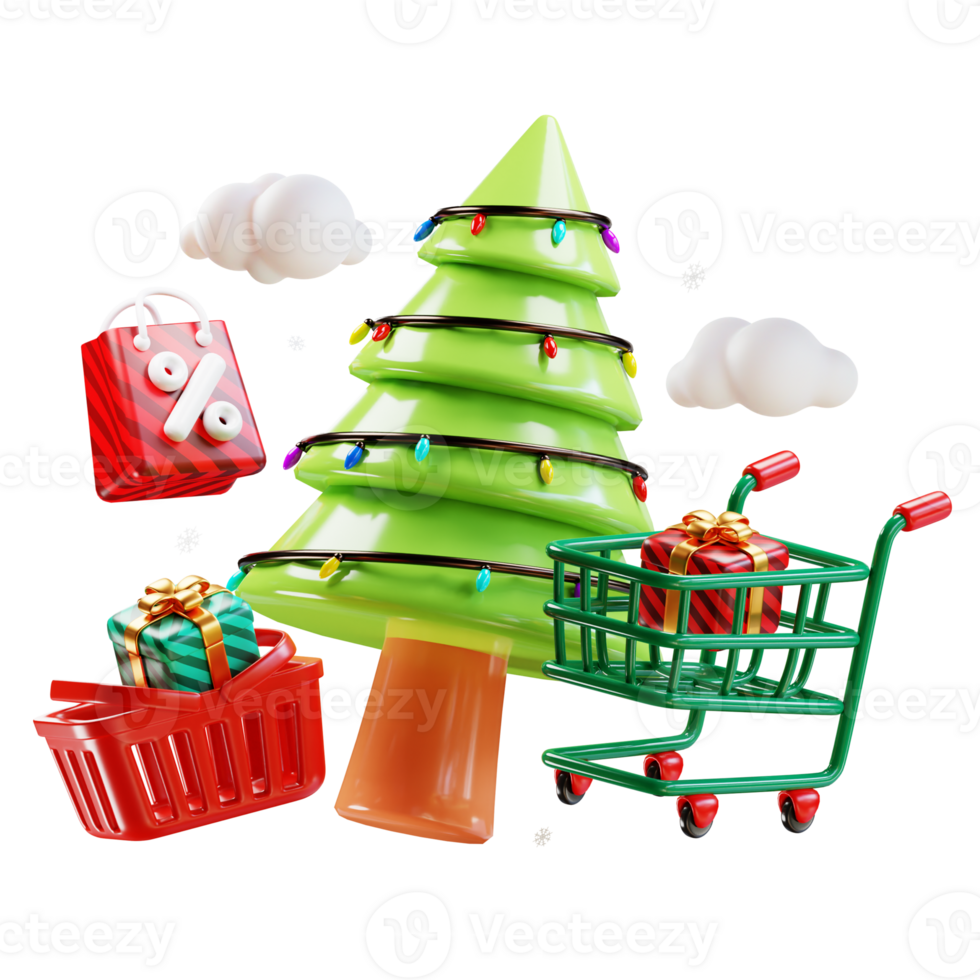 Merry Christmas and and New Year Sale. Christmas ornaments gift box, christmas tree, shopping cart, shopping bag, basket. Realistic 3d design of objects for sale banner, poster, ads. 3D Rendering png