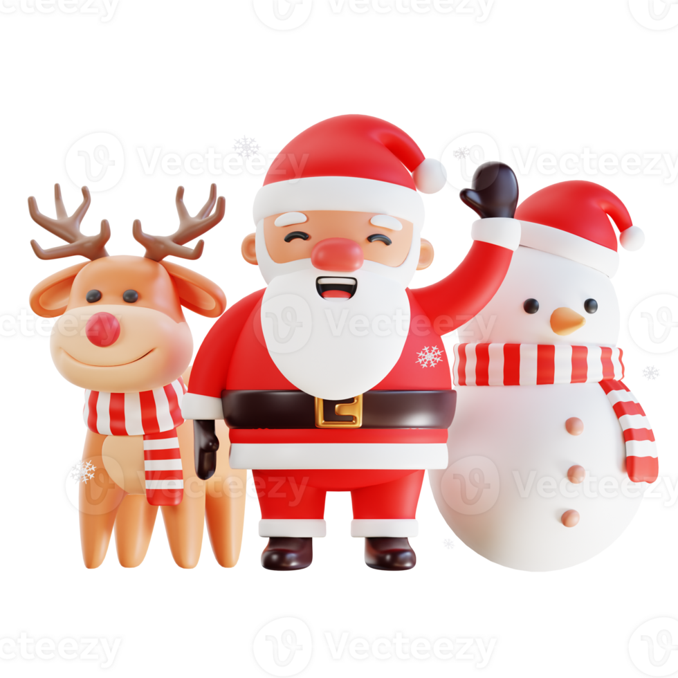 Christmas Santa Claus with reindeer and snowman. Happy New Year and Merry Christmas. Realistic 3d design of objects and decorated for Holiday card, banner, web poster, ads. 3D Rendering png