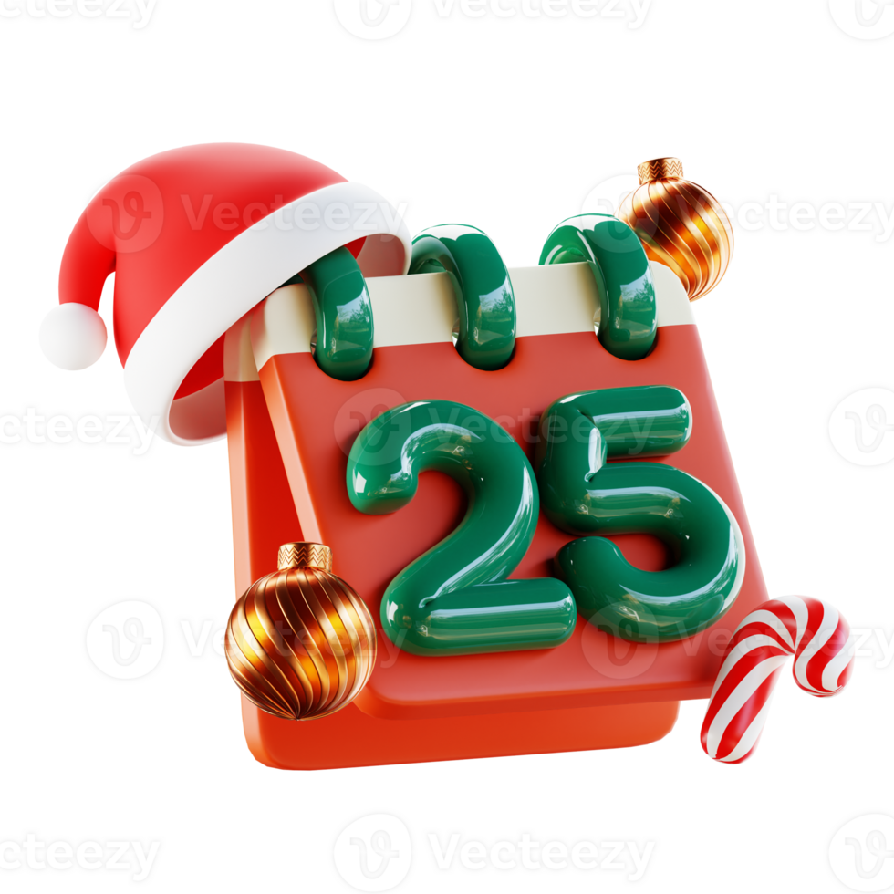 Merry Christmas and Happy New Year. Christmas ornaments bauble ball, calendar, hat, candy cane. Realistic 3d design of objects and decorated for Holiday card, banner, web poster, ads. 3D Rendering png