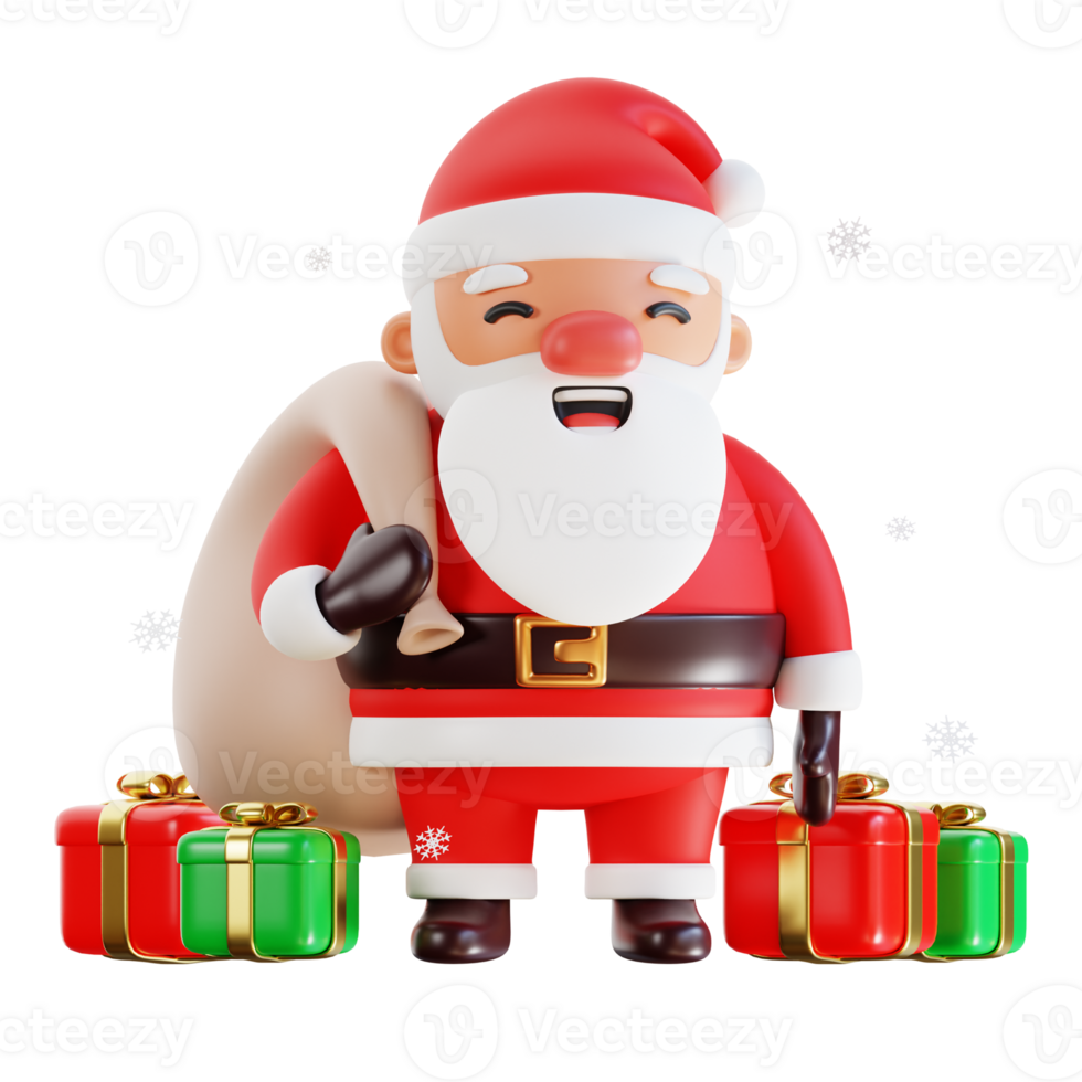 Christmas Santa Claus with bag of gifts box. Happy New Year and Merry Christmas. Realistic 3d design of objects and decorated for Holiday card, banner, web poster, ads. 3D Rendering png