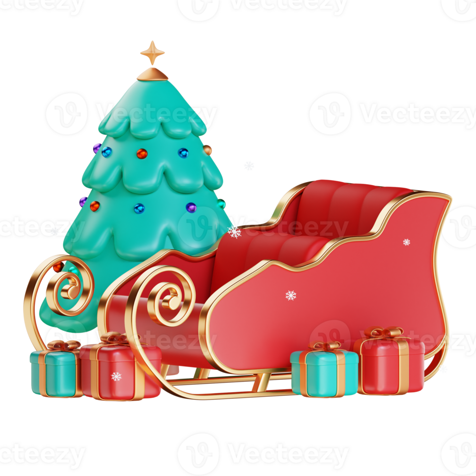 Merry Christmas and Happy New Year. Christmas Santa sleigh with Christmas tree, gift box, bauble ball. Realistic 3d design of objects for Holiday card, banner, web poster, ads. 3D Rendering png