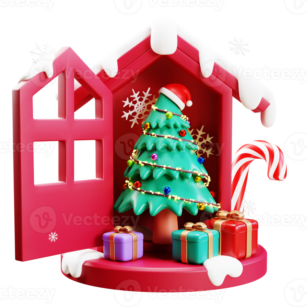Merry Christmas and Happy New Year. Christmas tree with ornaments bauble ball, gift box, candy cane. Realistic 3d design of objects for Holiday card, banner, web poster, ads. 3D Rendering png
