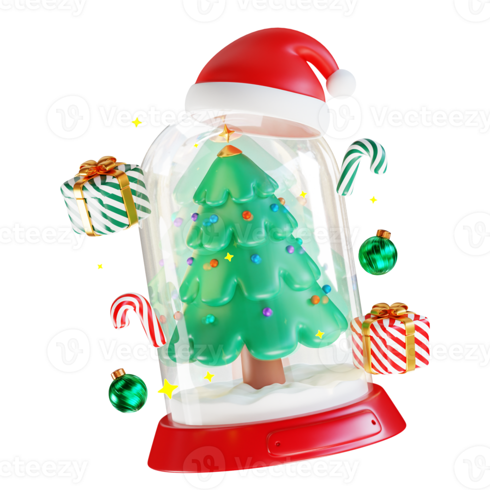 Merry Christmas and Happy New Year. Christmas tree in glass dome with bauble ball, gift box, candy cane. Realistic 3d design of objects for Holiday card, banner, web poster, ads. 3D Rendering png