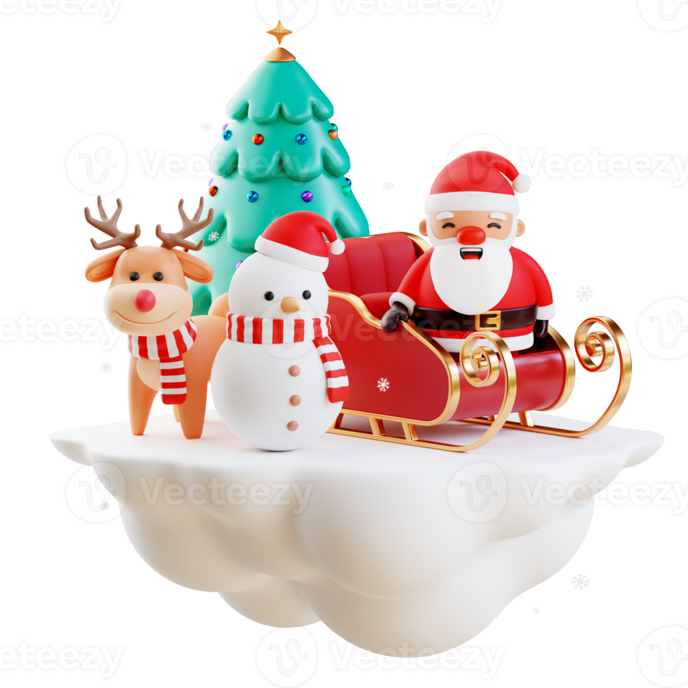 Merry Christmas and Happy New Year. Christmas Santa Claus with Christmas tree, santa sleigh, reindeer, snowman. Realistic 3d design of objects for Holiday card, banner, web poster, ads. 3D Rendering png