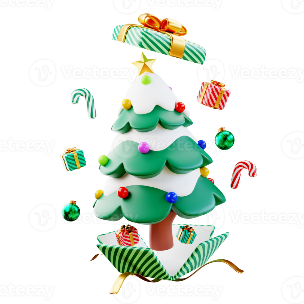 vrolijk Kerstmis en gelukkig nieuw jaar. Kerstmis boom met ornamenten snuisterij bal, geschenk doos, snoep riet. realistisch 3d ontwerp van voorwerpen voor vakantie kaart, banier, web poster, advertenties. 3d renderen png