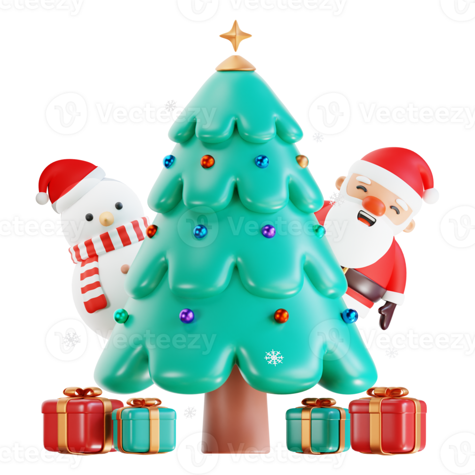 Merry Christmas and Happy New Year. Christmas Santa Claus with Christmas tree, bauble ball, gift box, snowman. Realistic 3d design of objects for Holiday card, banner, web poster, ads. 3D Rendering png