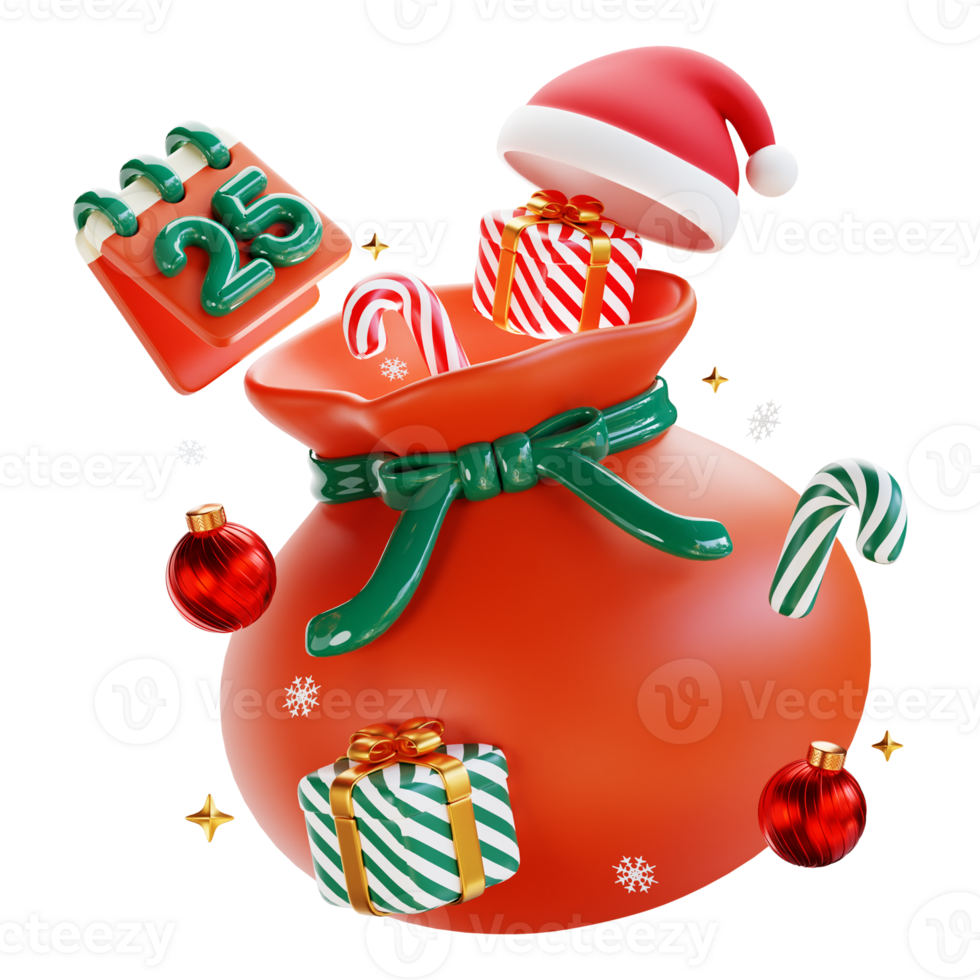 Merry Christmas and Happy New Year. Christmas ornaments bauble ball, gift box, hat, candy cane. Realistic 3d design of objects and decorated for Holiday card, banner, web poster, ads. 3D Rendering png