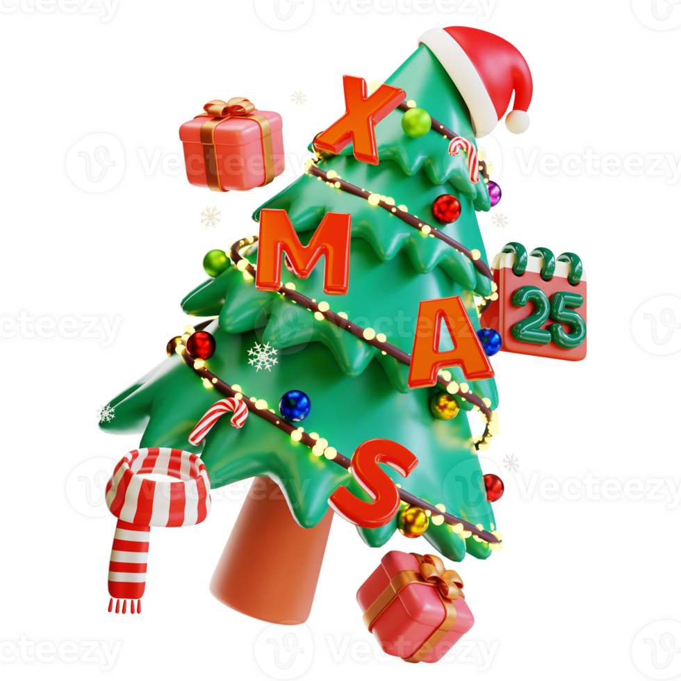 Merry Christmas and Happy New Year. Christmas tree with ornaments bauble ball, gift box, candy cane. Realistic 3d design of objects for Holiday card, banner, web poster, ads. 3D Rendering png
