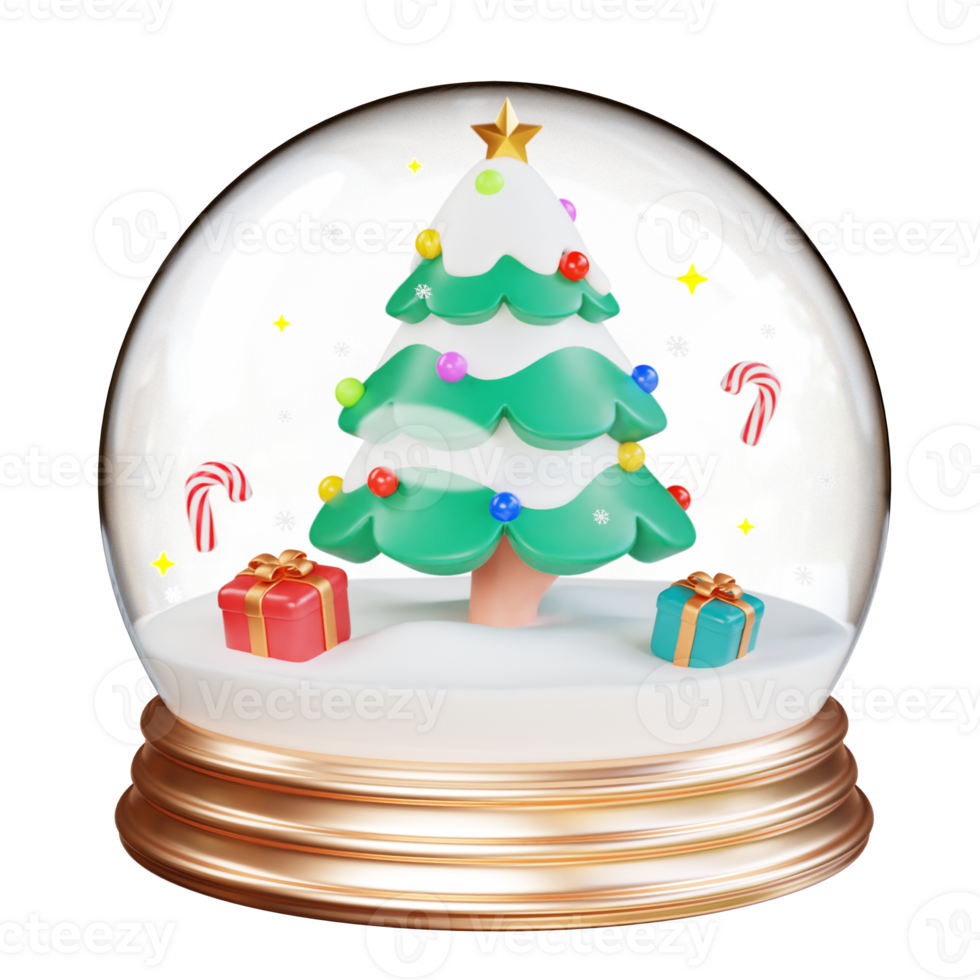 Merry Christmas and Happy New Year. Christmas tree in glass dome with bauble ball, gift box, candy cane. Realistic 3d design of objects for Holiday card, banner, web poster, ads. 3D Rendering png