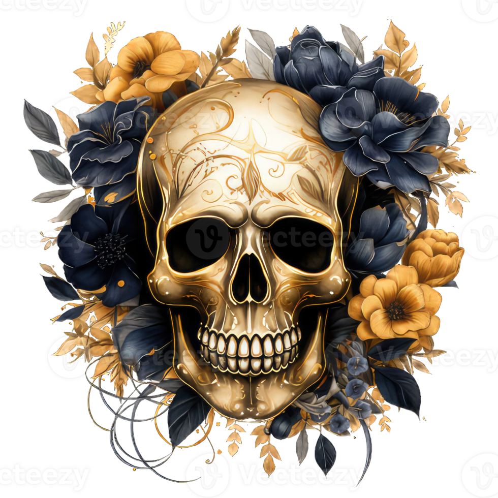 AI generated Vector human skull with flowers in png