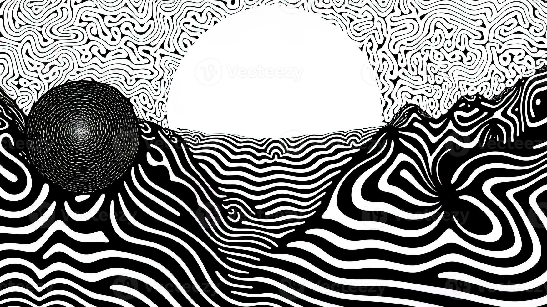 AI generated Generative AI, surreal black and white background, abstract optical illusion, trippy psychedelic vintage mid century modern geometric pattern photo