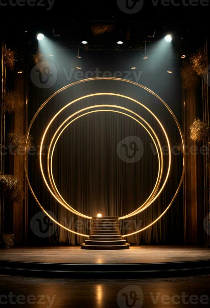 AI generated stage background with a large circular light, in dark bronze and gold style, wood for composition AI generated photo