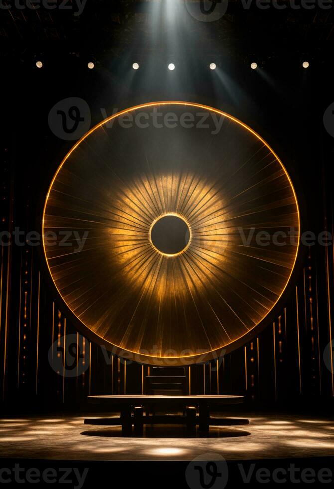AI generated stage background with a large circular light, in dark bronze and gold style, wood for composition AI generated photo