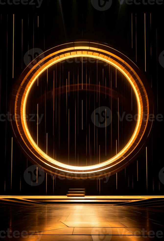 ai generado etapa antecedentes con un grande circular luz, en oscuro bronce y oro estilo, madera para composición ai generado foto