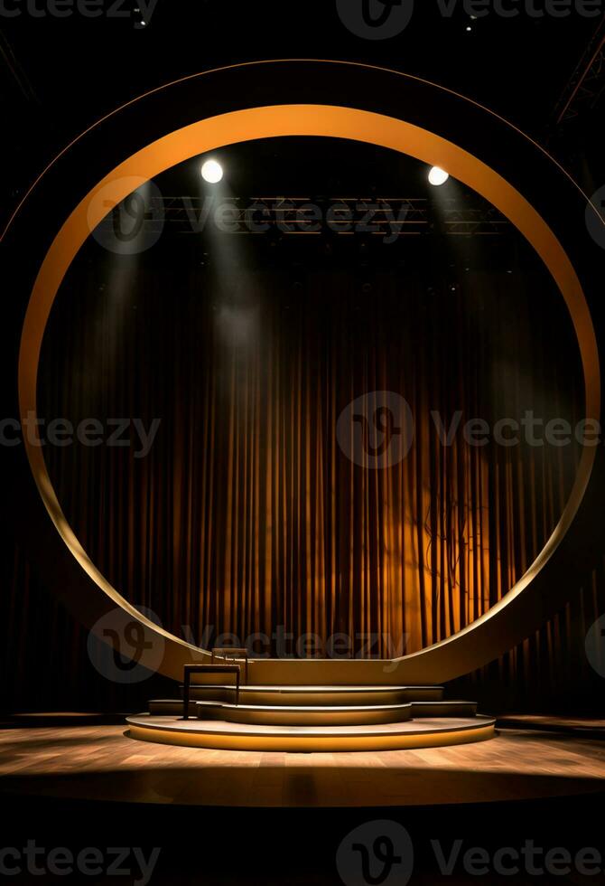 AI generated stage background with a large circular light, in dark bronze and gold style, wood for composition AI generated photo