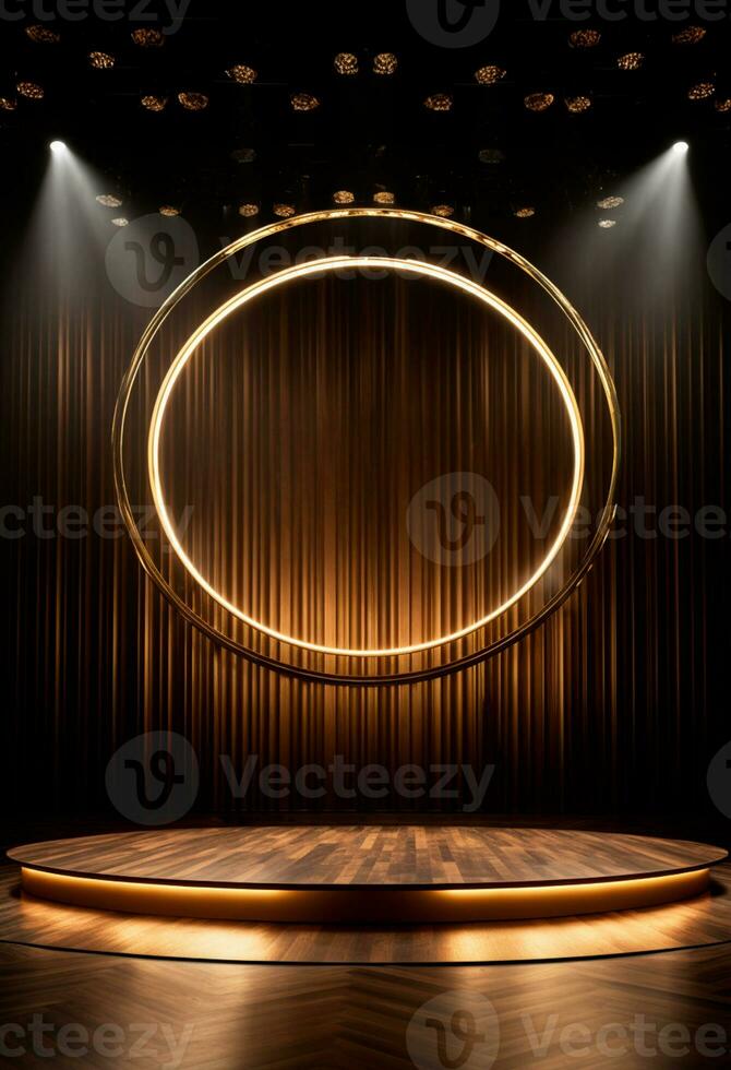 AI generated stage background with a large circular light, in dark bronze and gold style, wood for composition AI generated photo