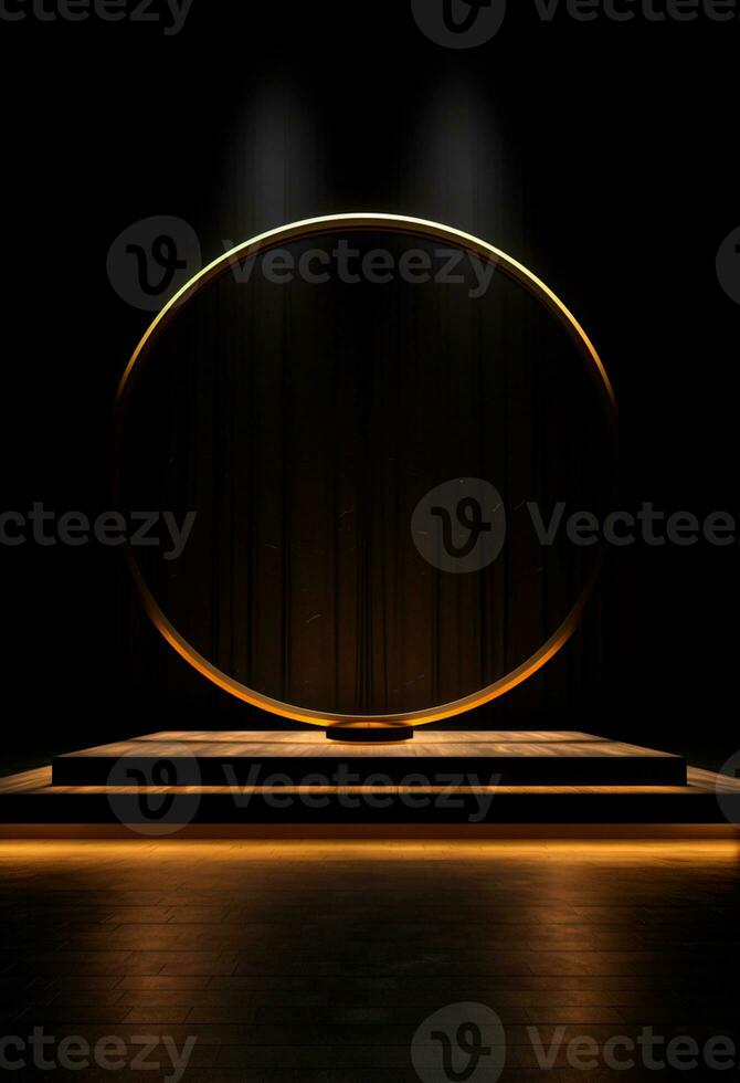 AI generated stage background with a large circular light, in dark bronze and gold style, wood for composition AI generated photo