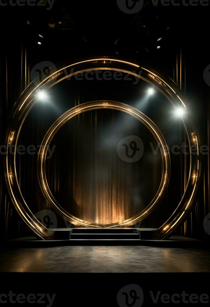 AI generated stage background with a large circular light, in dark bronze and gold style, wood for composition AI generated photo