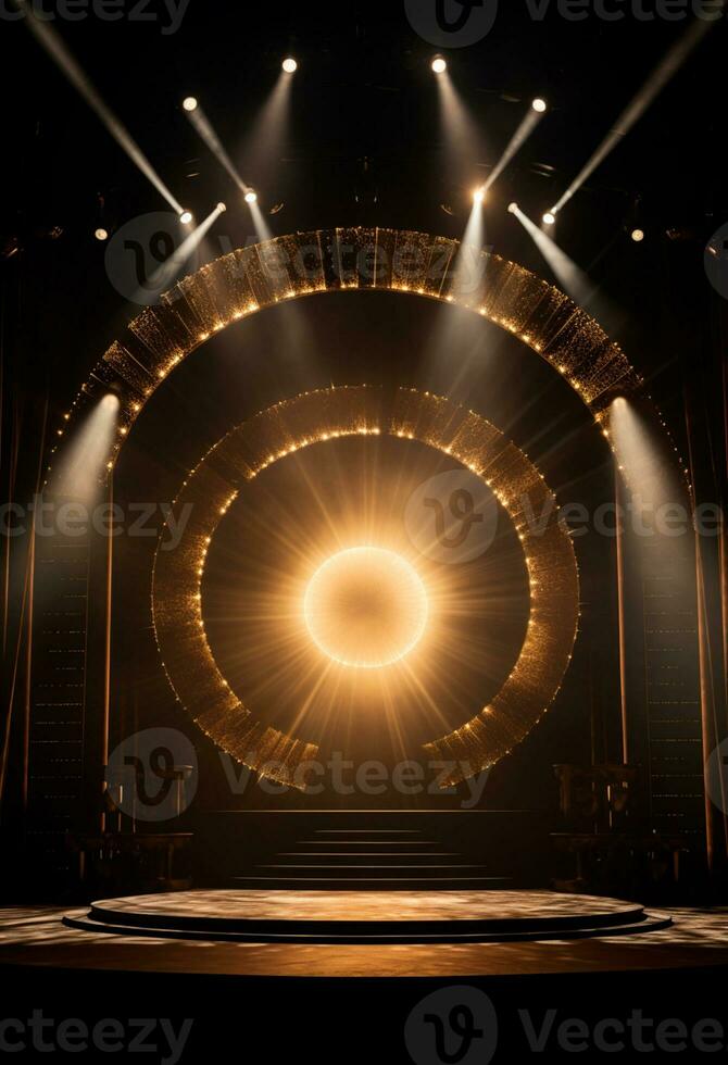 AI generated stage background with a large circular light, in dark bronze and gold style, wood for composition AI generated photo