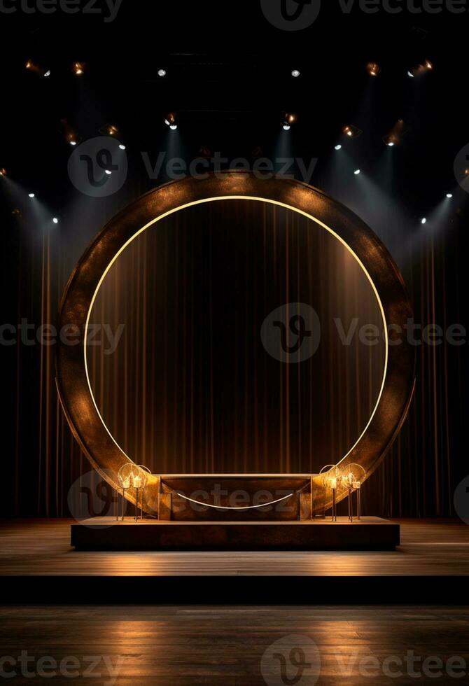 AI generated stage background with a large circular light, in dark bronze and gold style, wood for composition AI generated photo