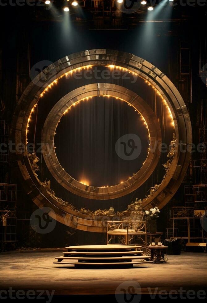 AI generated stage background with a large circular light, in dark bronze and gold style, wood for composition AI generated photo