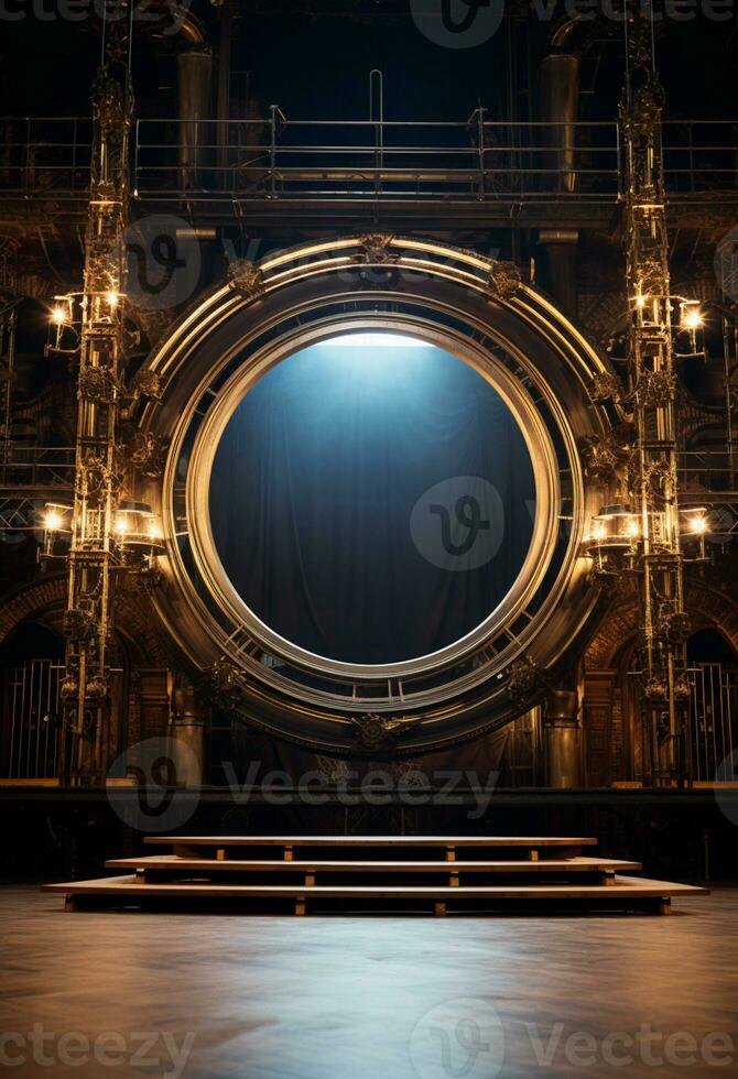 AI generated stage background with a large circular light, in dark bronze and gold style, wood for composition AI generated photo