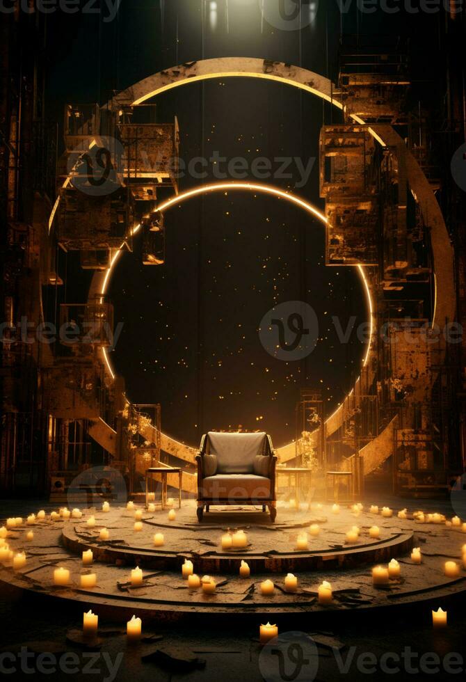AI generated stage background with a large circular light, in dark bronze and gold style, wood for composition AI generated photo