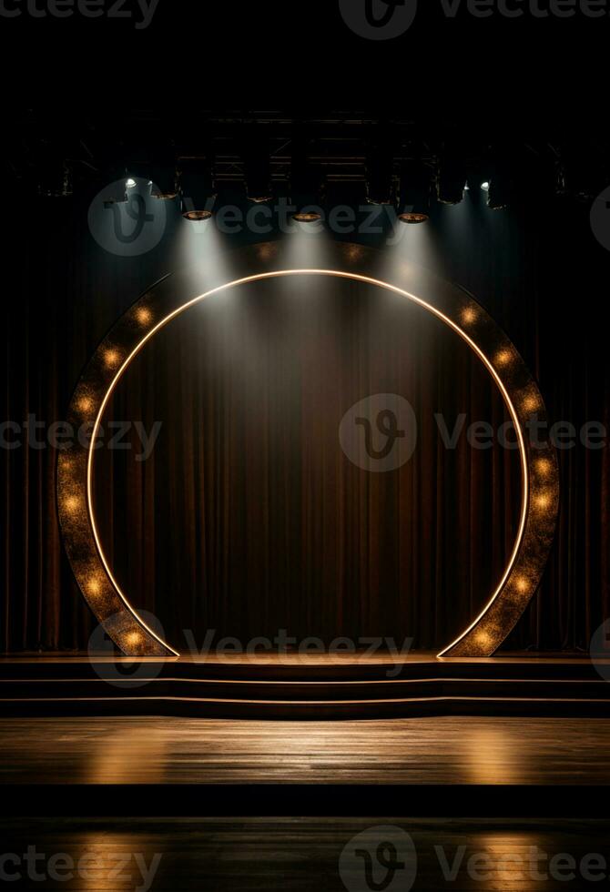 AI generated stage background with a large circular light, in dark bronze and gold style, wood for composition AI generated photo