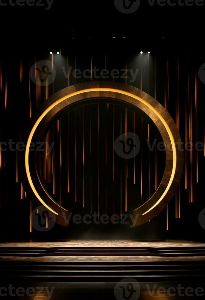 AI generated stage background with a large circular light, in dark bronze and gold style, wood for composition AI generated photo