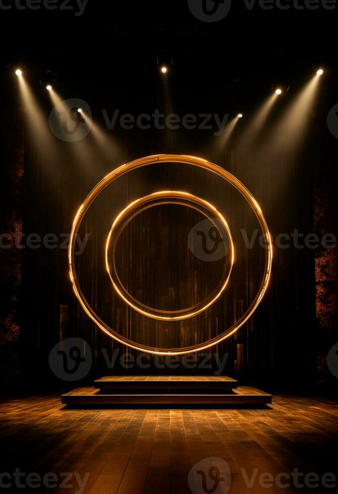 AI generated stage background with a large circular light, in dark bronze and gold style, wood for composition AI generated photo