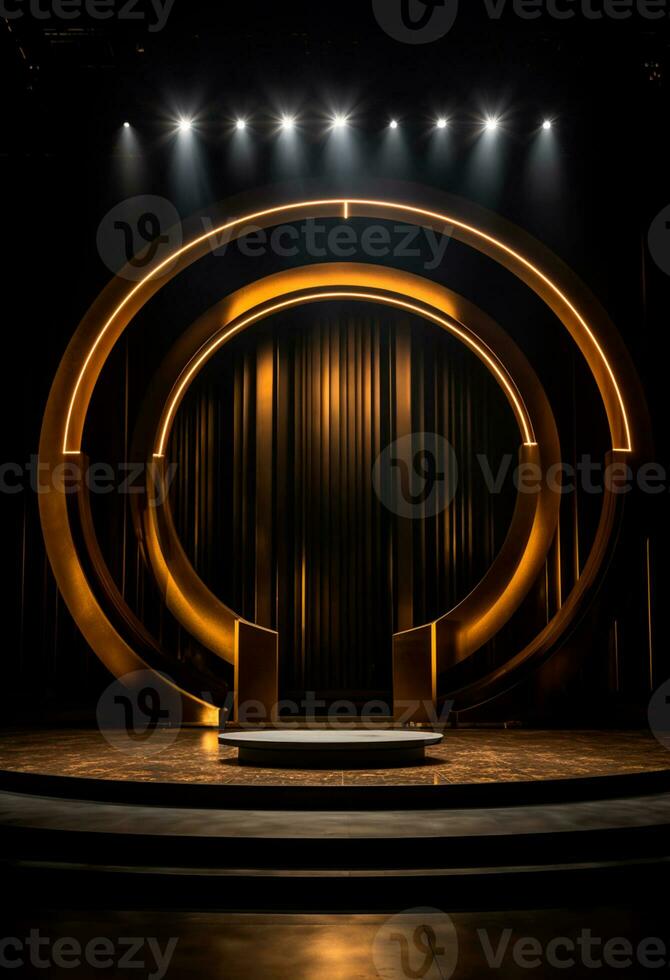 AI generated stage background with a large circular light, in dark bronze and gold style, wood for composition AI generated photo