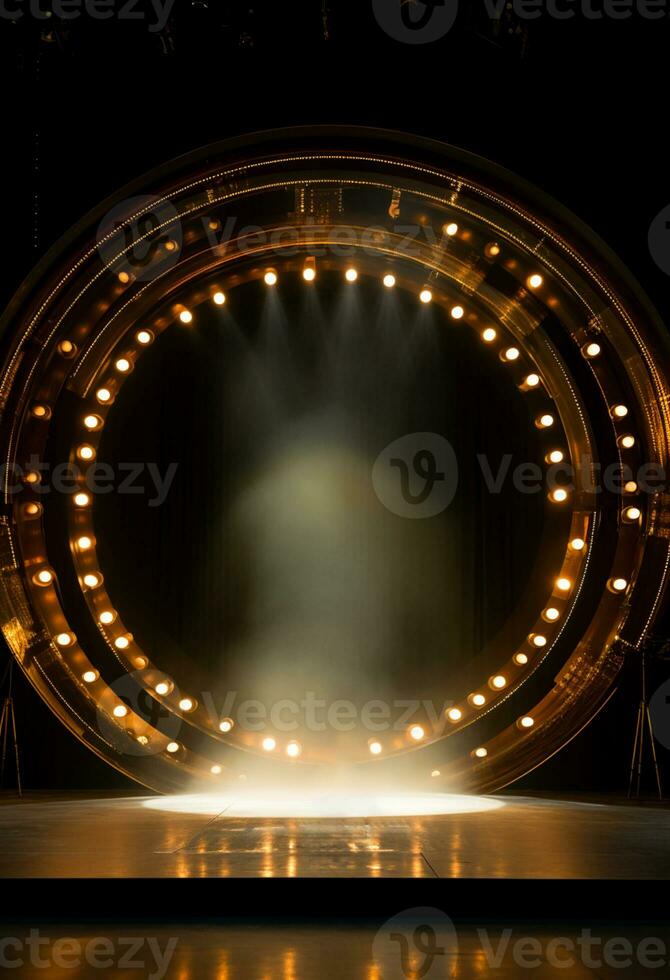 ai generado etapa antecedentes con un grande circular luz, en oscuro bronce y oro estilo, madera para composición ai generado foto