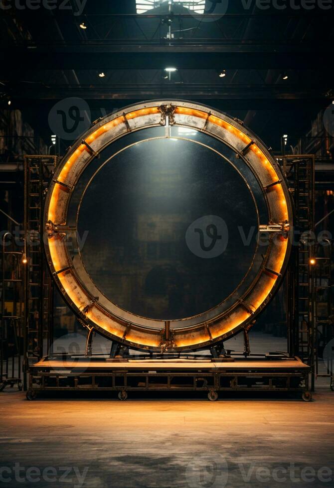 AI generated stage background with a large circular light, in dark bronze and gold style, wood for composition AI generated photo