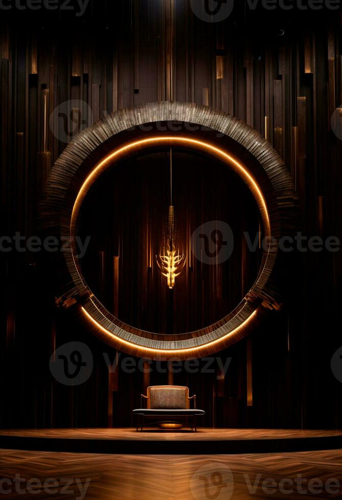 ai generado etapa antecedentes con un grande circular luz, en oscuro bronce y oro estilo, madera para composición ai generado foto