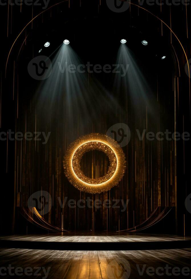 AI generated stage background with a large circular light, in dark bronze and gold style, wood for composition AI generated photo