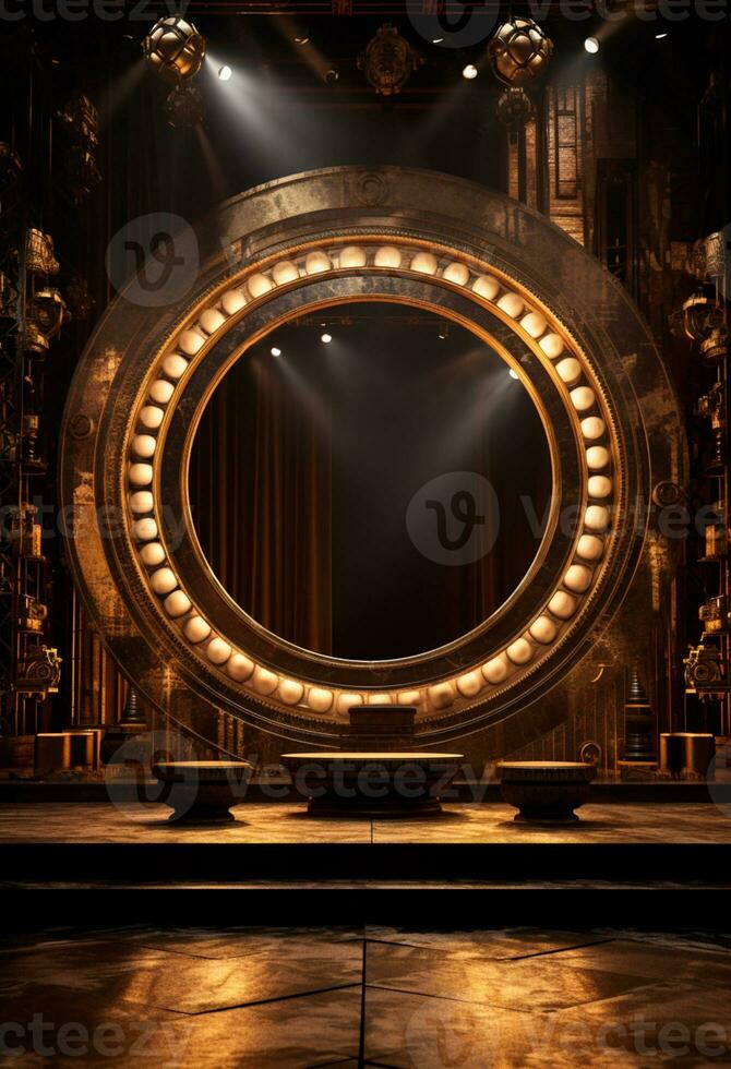 AI generated stage background with a large circular light, in dark bronze and gold style, wood for composition AI generated photo